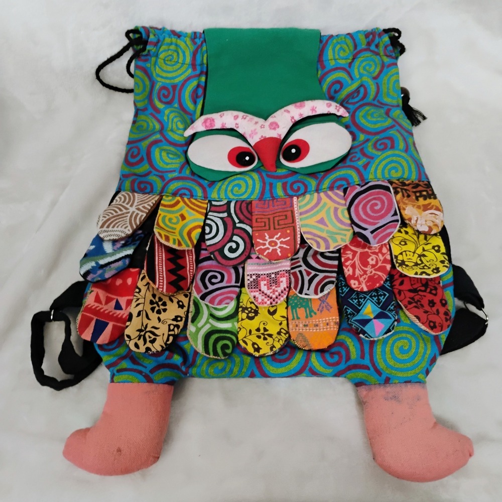 Patchwork Owl Drawstring Backpack Multi Color Boho Festival Bag W